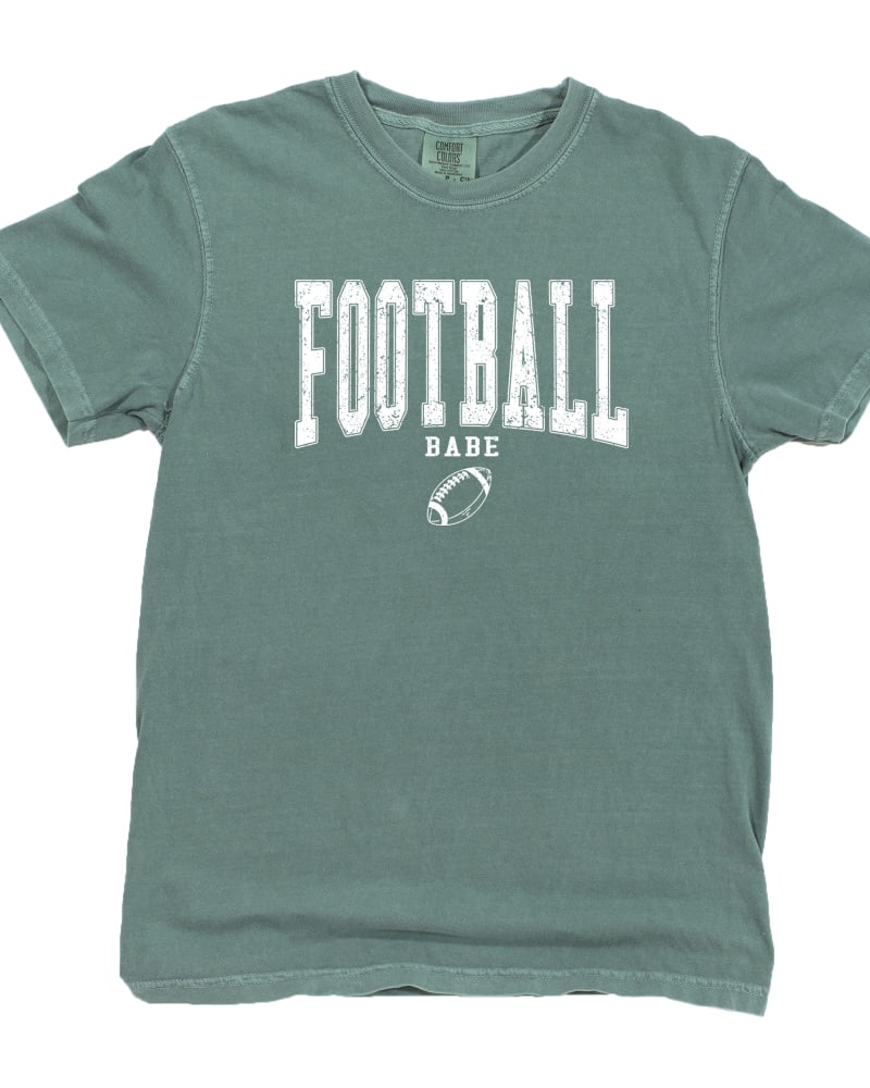 Front of a size 2XL Varsity Football Babe Garment Dyed Tee in Light Green by Simply Sage Market. | dia_product_style_image_id:296447